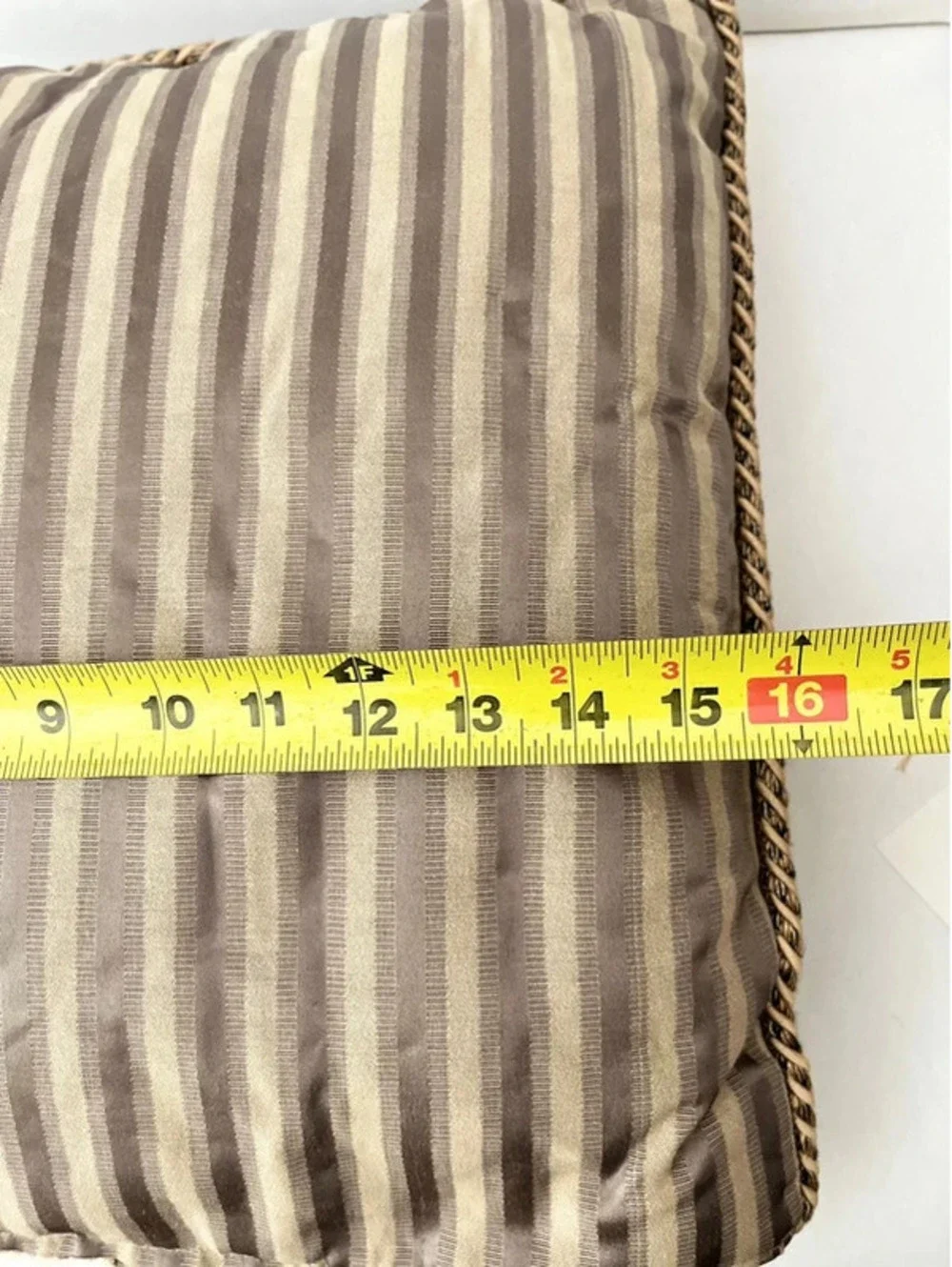 Blush Satin Stripe Double Sided Throw Pillow Rope Cording 16 x 16 Beige Brown